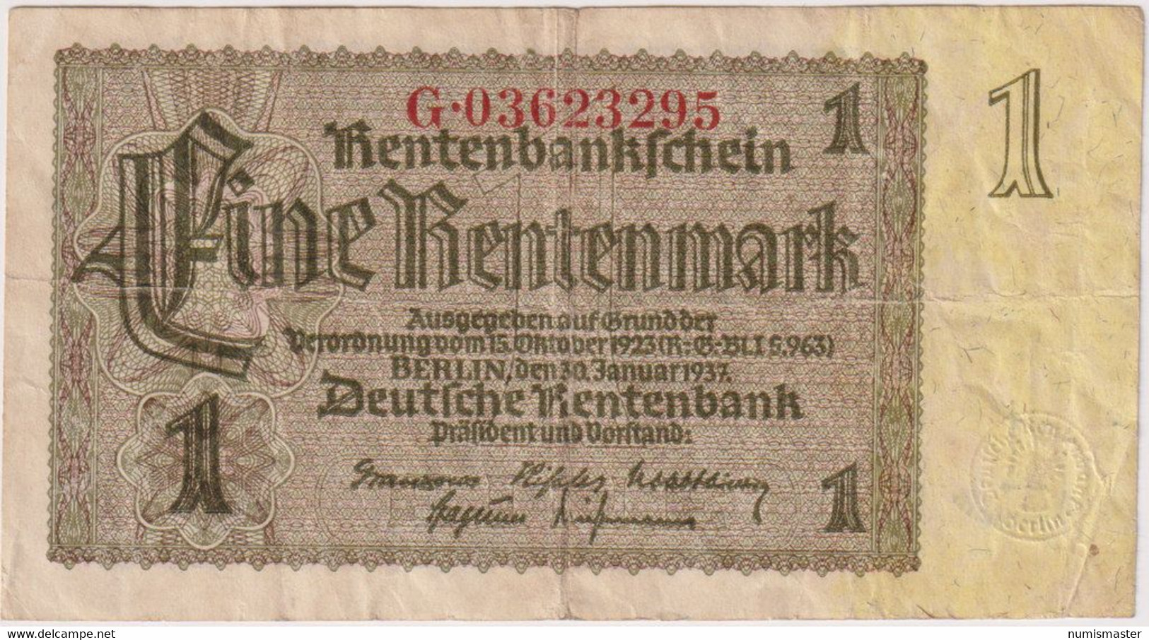 1 RENTENMARK 30.1.1937. P-173b - 1 Rentenmark