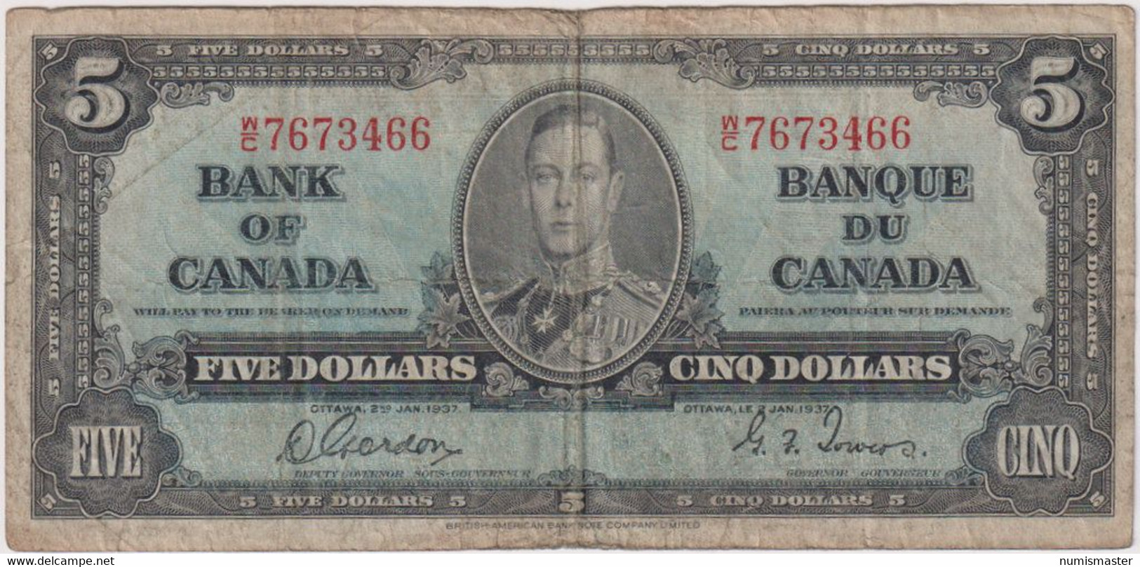 CANADA 5 DOLLARS 1937 , GORDON - TOWERS , P-60b - Canada