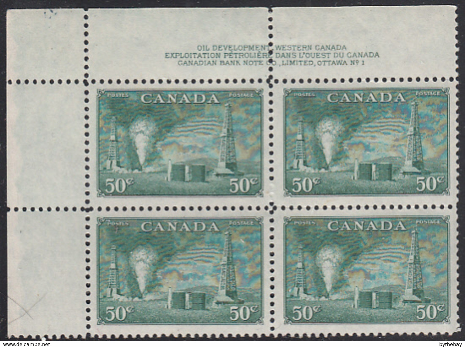 Canada 1950 MH Sc #294 50c Oil Wells Plate #1 Upper Left - Plattennummern & Inschriften