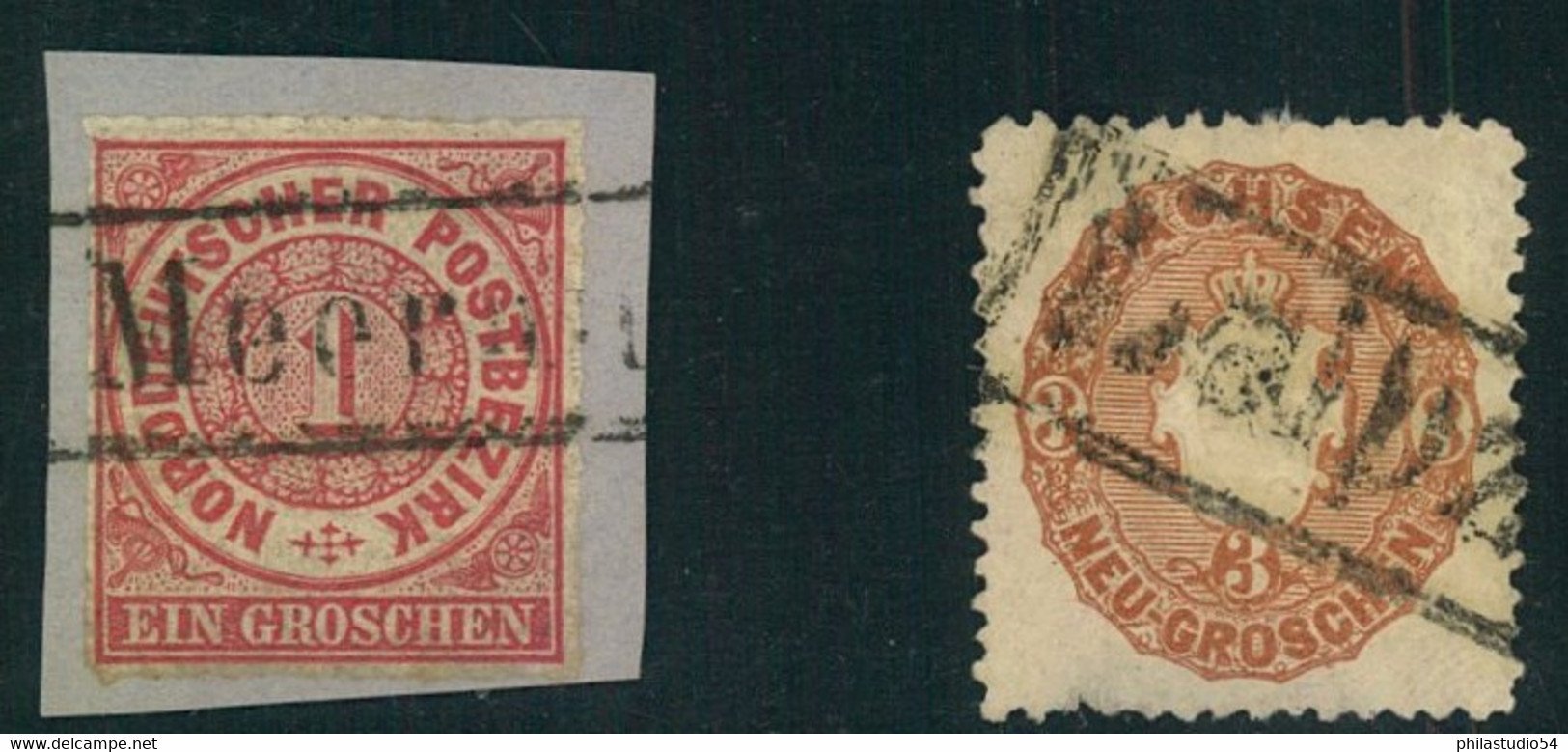 1867/1870 (ca.), MEERANE Und LEIPZIG, SelteneBahnhof Ra1 Auf 1 Gr. NDP Bzw. Wappen - Saxony