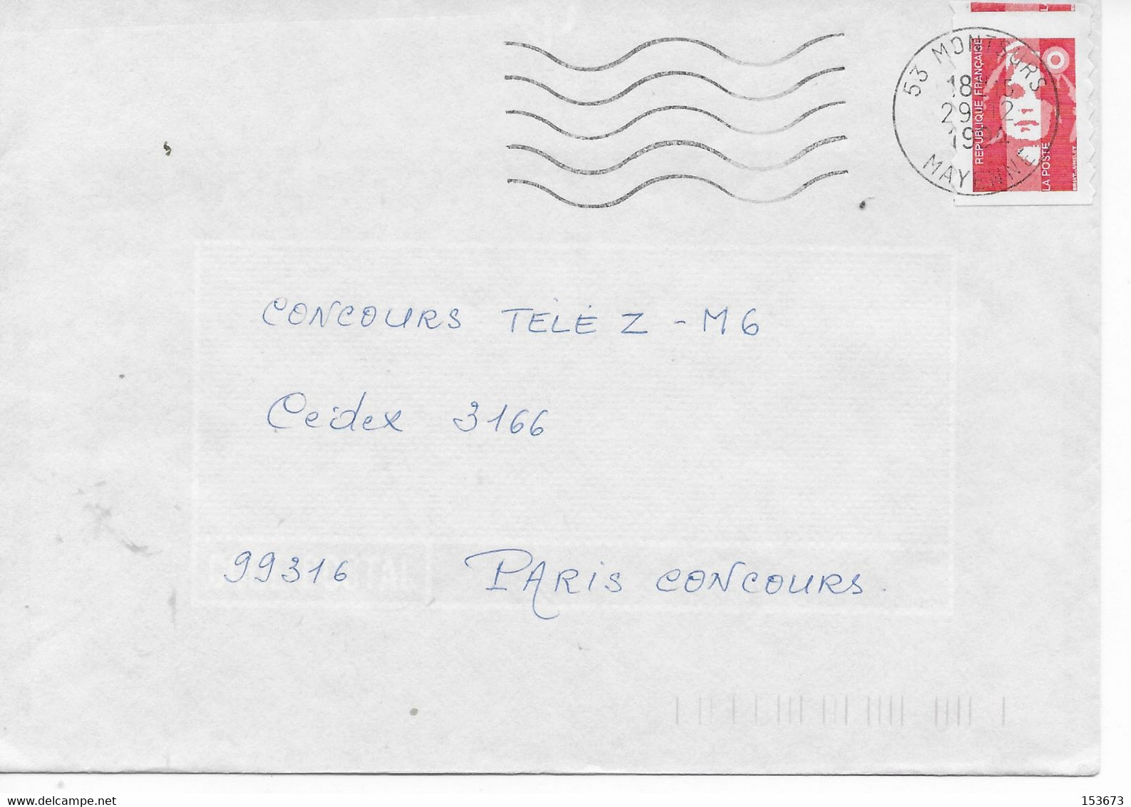 Enveloppe 1994 Cachet à Date Montsurs - Mayenne Affranchissement TVP Rouge Marianne Bicentenaire Piquage à Cheval - Briefe U. Dokumente