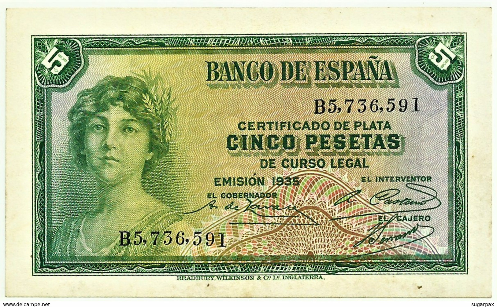 ESPAÑA - 5 Pesetas - Emission 1935 ( 1936 ) - Pick 85 - Serie B - Silver Certificate - 5 Peseten