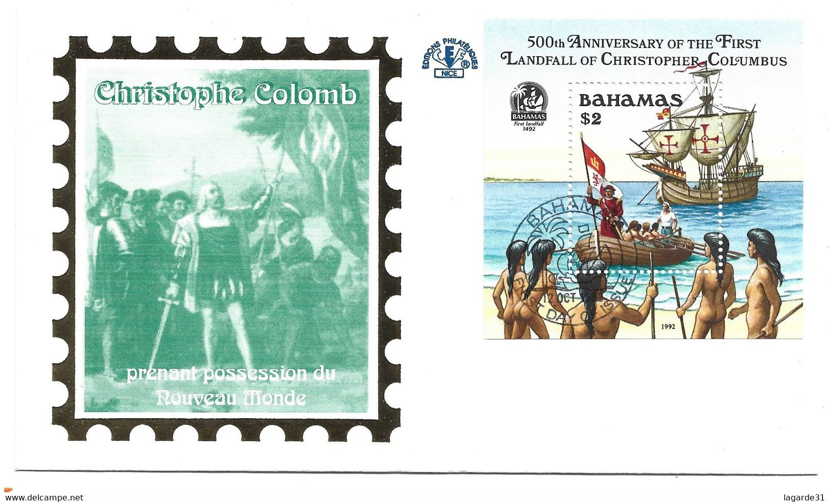 Enveloppe FDC 1er Jour BAHAMAS Bloc Feuillet Christophe COLOMB 1992 - Christophe Colomb