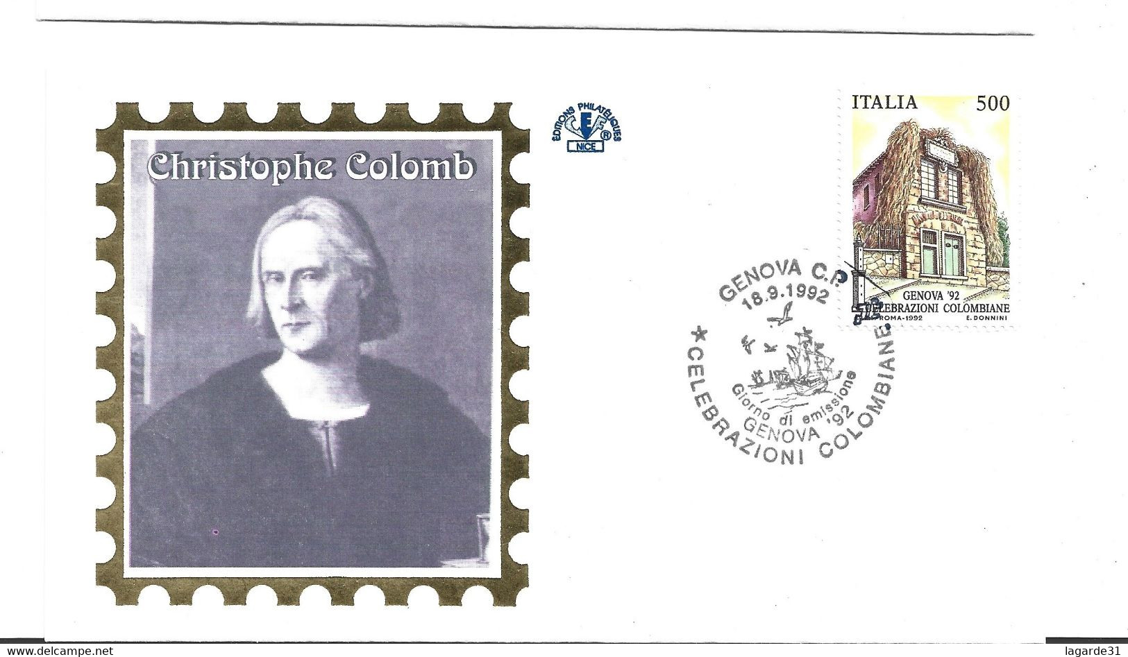 Enveloppe FDC 1er Jour ITALIE Christophe COLOMB 1992 - Christoph Kolumbus