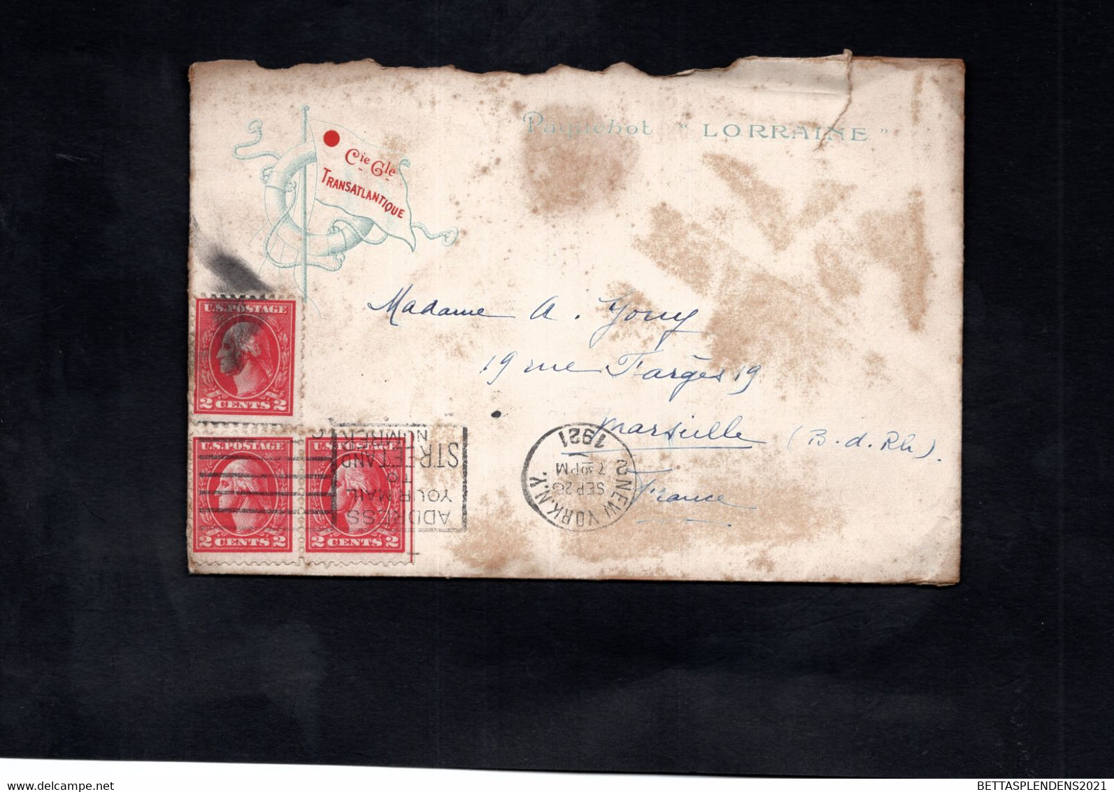 LAC 1921 - Entête Paquebot "LORRAINE" & Courrier A BORD De "LORRAINE" - Cachet NEW YORK Au Dos Cachet MARSEILLE - Otros & Sin Clasificación