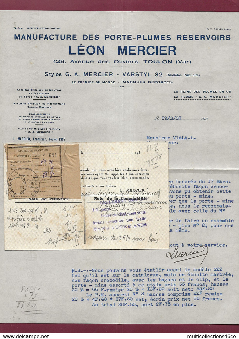 160121A - 1937 Catalogue Commercial STYLO L MERCIER à TOULON Avec Lettre Facture - Porte Plume Réservoir - Imprimerie & Papeterie