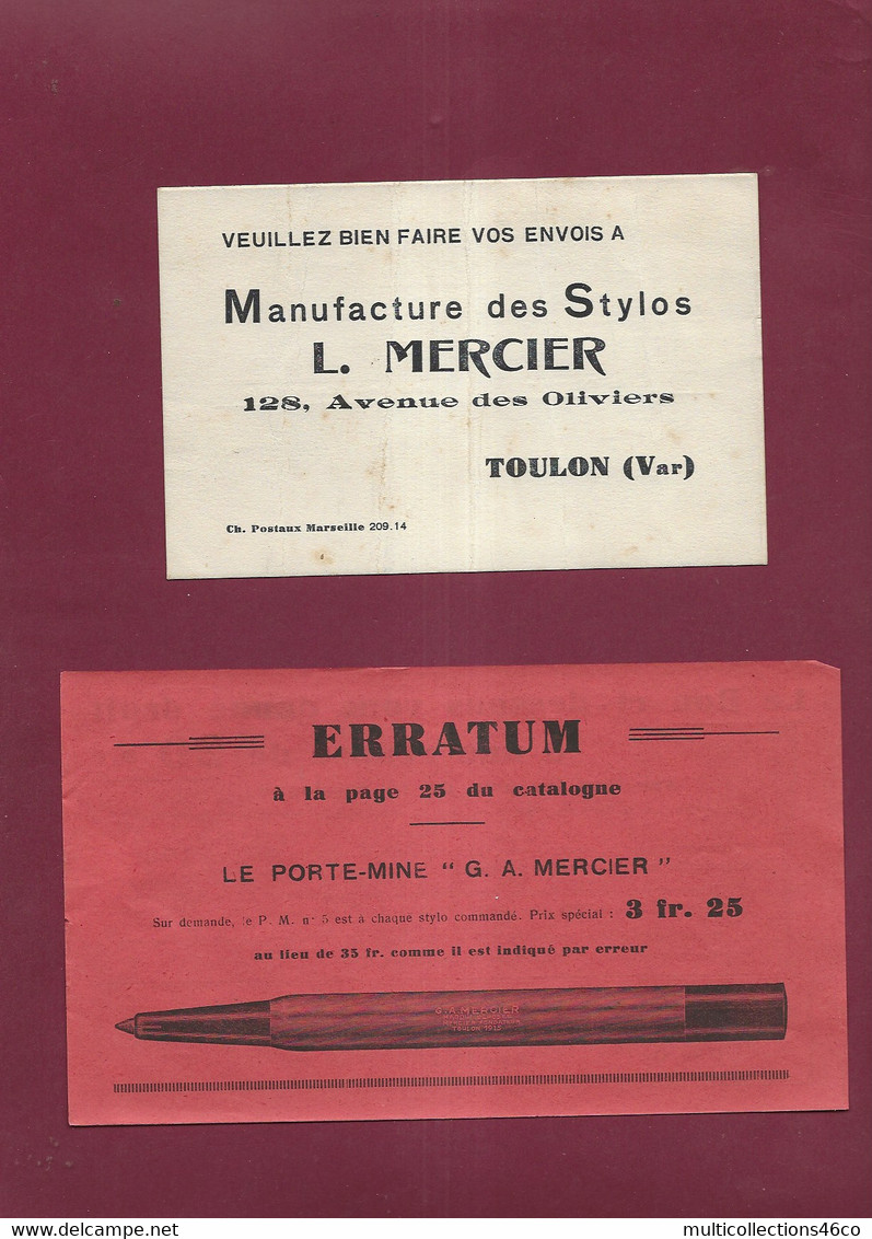 160121A - 1937 Catalogue Commercial STYLO L MERCIER à TOULON Avec Lettre Facture - Porte Plume Réservoir - Drukkerij & Papieren