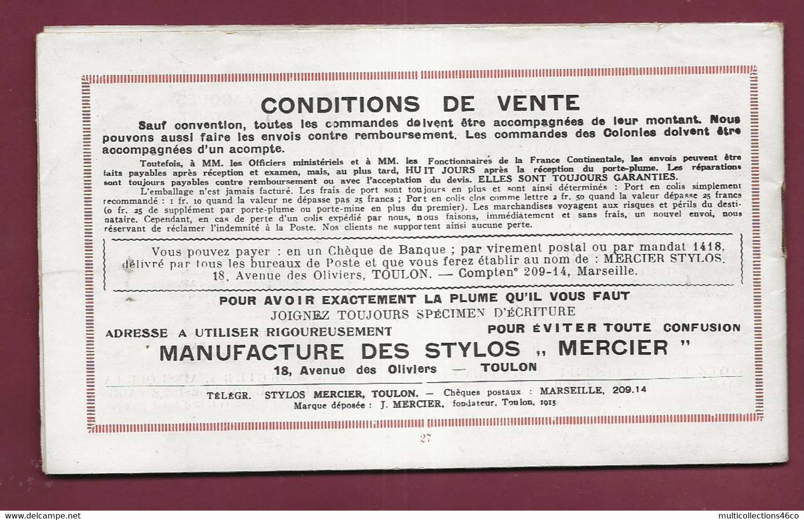 160121A - 1937 Catalogue Commercial STYLO L MERCIER à TOULON Avec Lettre Facture - Porte Plume Réservoir - Imprimerie & Papeterie