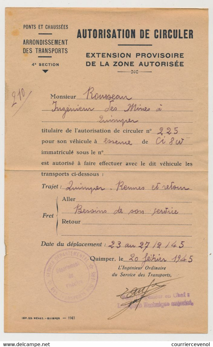 QUIMPER (Finistère) - Autorisation De Circuler - Extension Provisoire De La Zone Autorisée - 20 Février 1945 - 1939-45