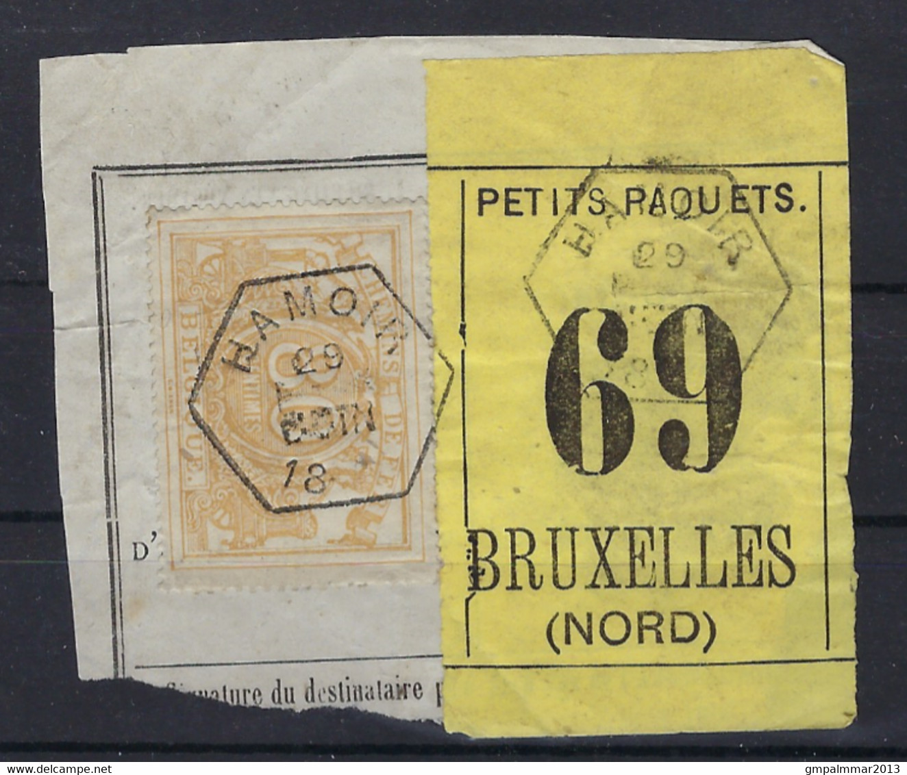 SP 12 / TR 12 Fragment Met Etiquette PETITS PAQUETS : Nr. 69 HEXAGONALE Stempel HAMOIR > BRUXELLES (NORD) ! LOT 269 - Documenten & Fragmenten