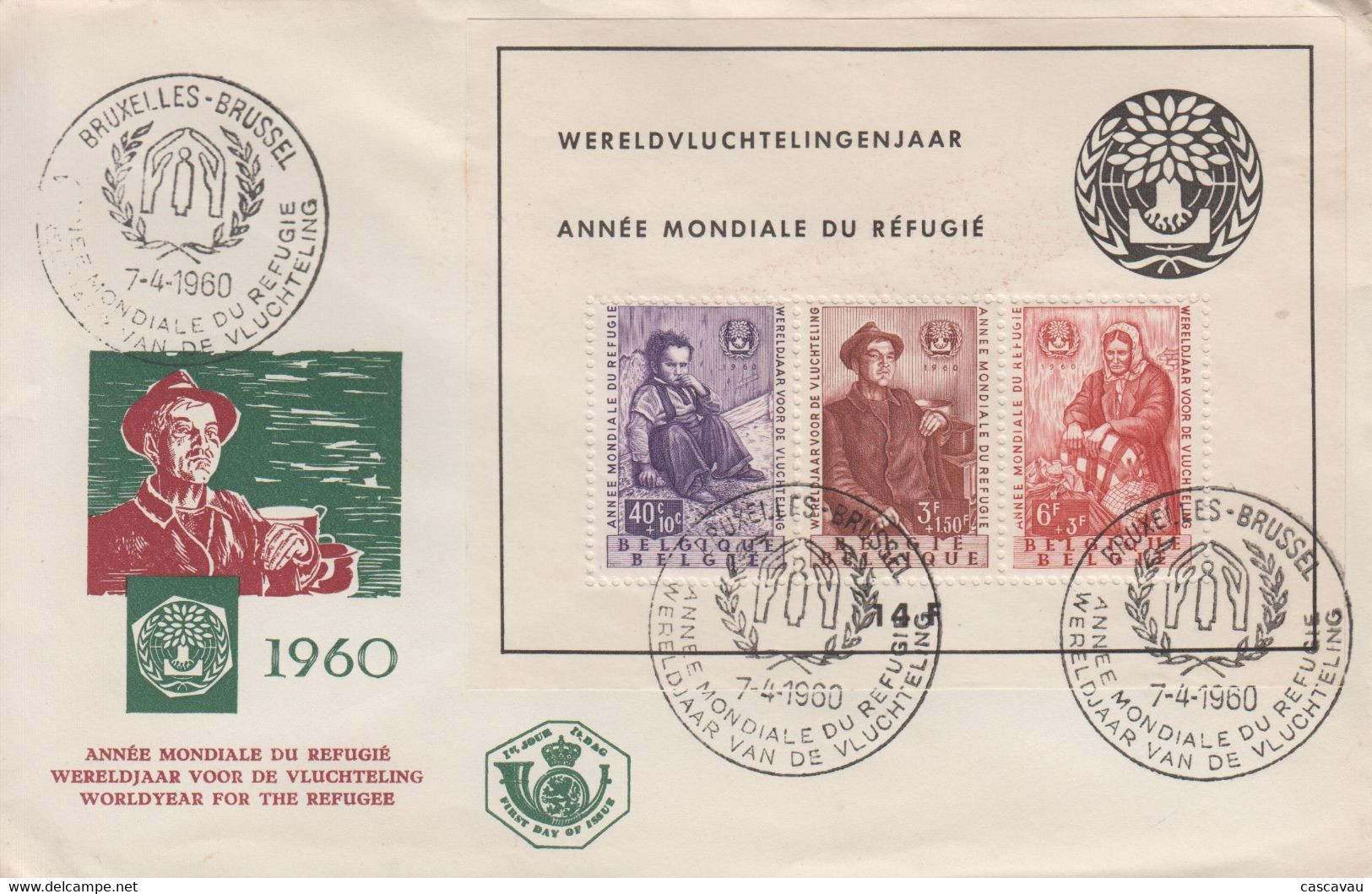 Enveloppe  FDC  1er  Jour   BELGIQUE  Bloc  Feuillet   ANNEE  MONDIALE  DU  REFUGIE   1960 - 1951-1960