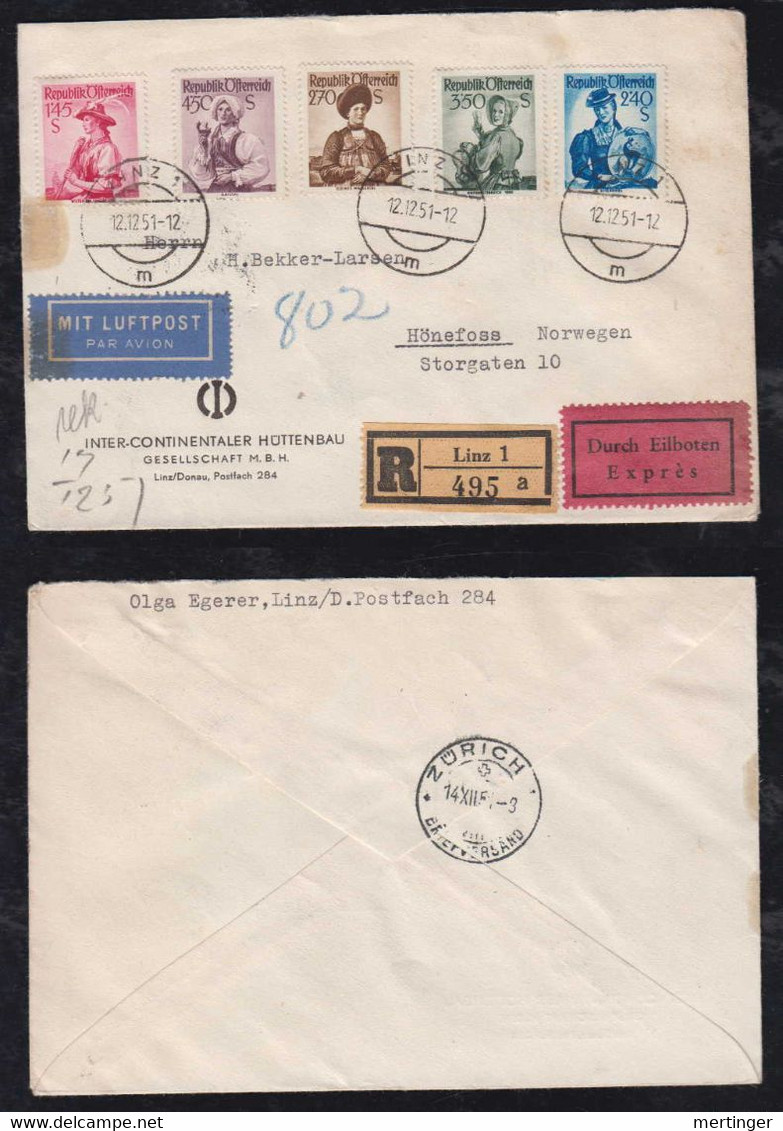 Österreich Austria 1951 Registered EXPRESS Airmail Cover LINZ To HÖNEFOSS Norway Via Zürich - Storia Postale