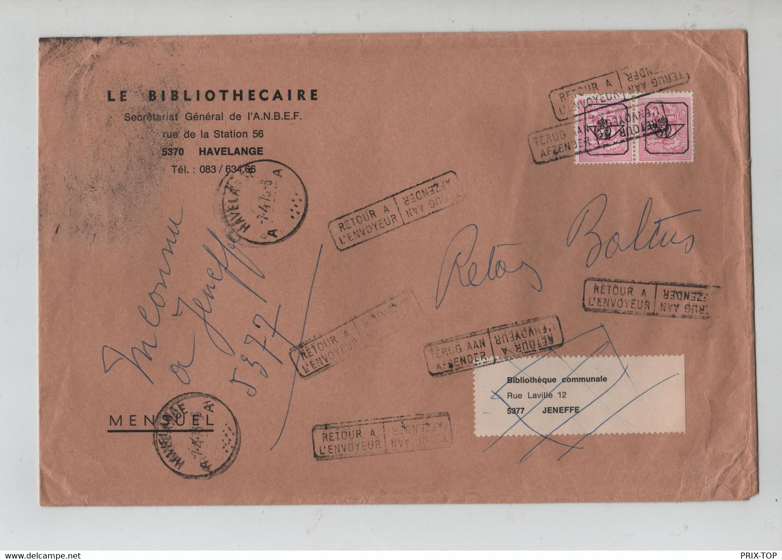 REF3089/ TP PO 783 (2) S/L. Le Bibliothécaire De Havelange > Jeneffe Inconnu à Jeneffe C.Retour + Havelange 7/4/73 - Typo Precancels 1967-85 (New Numerals)