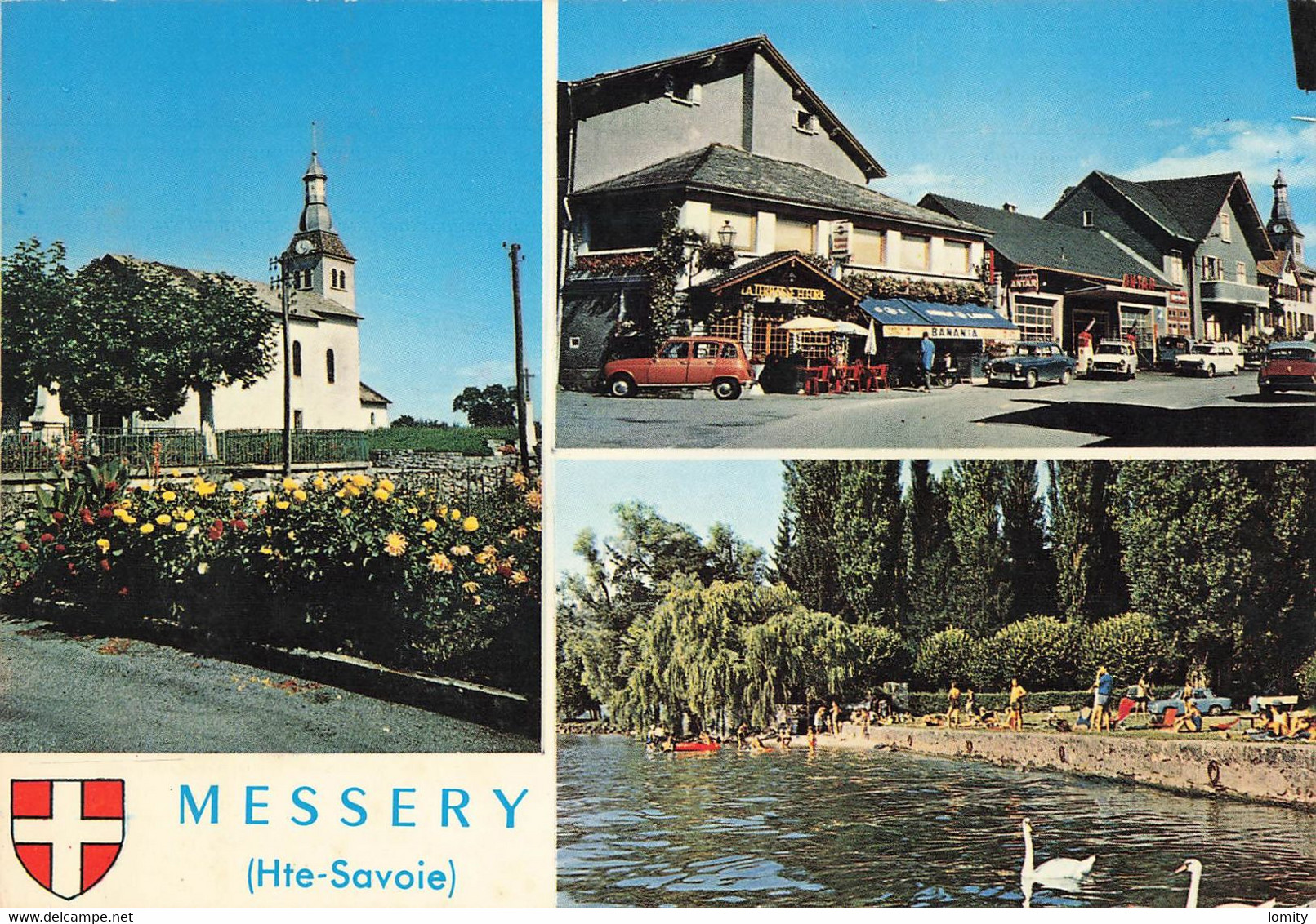 74 Messery Carte 3 Vues Eglise Rue Principale Plage CPM Voiture Auto Renault 4L Peugeot 404 Citroen DS - Messery