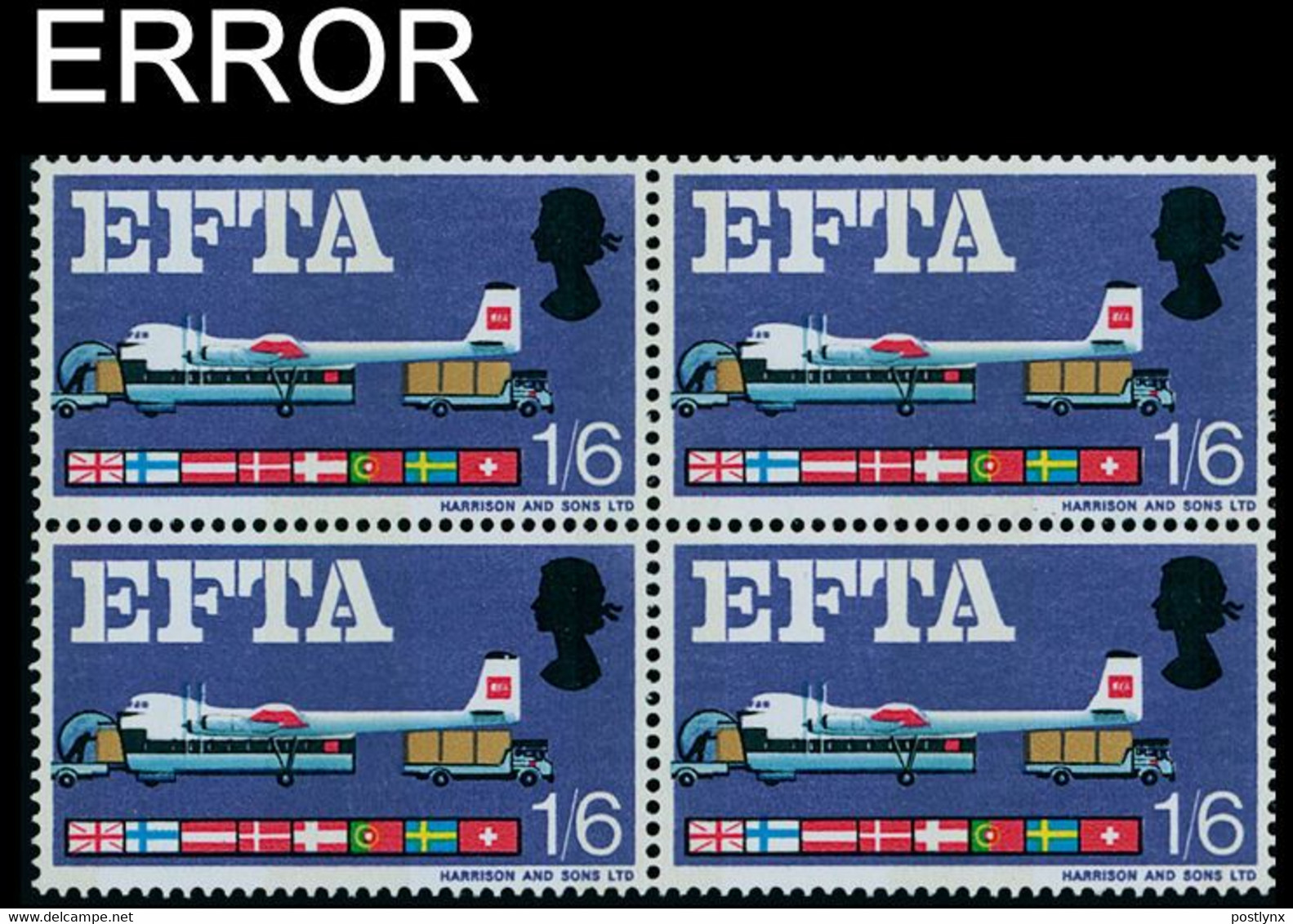 CV:€ 2640.00 Great Britain 1967 Air Carrier EFTA 1/6 MARG.4-BLOCK ERROR:Norwegian Flag GB - Variétés, Erreurs & Curiosités