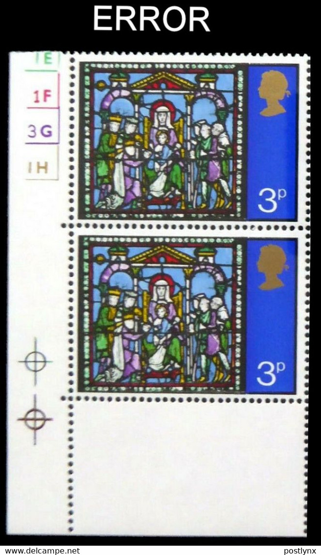 CV:€ 240.00 Great Britain 1971 Xmas Stainless Glass 3p CORNER PAIR ERROR:no Eboss No Phos. - Verres & Vitraux