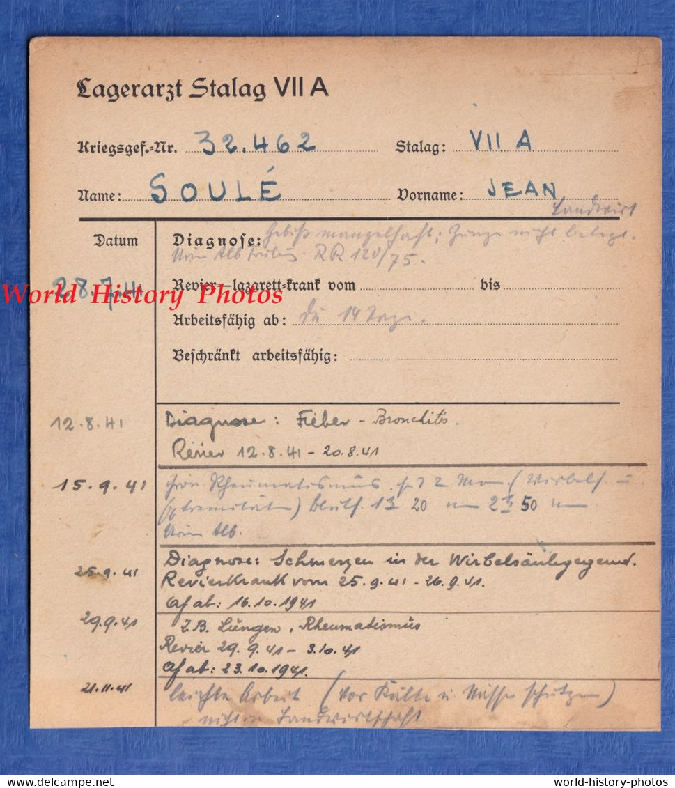 Document Ancien - STALAG VII A / MOOSBURG - Lagerartz - Fiche Du Prisonnier Jean SOULé - Régiment à Identifier WW2 - 1939-45