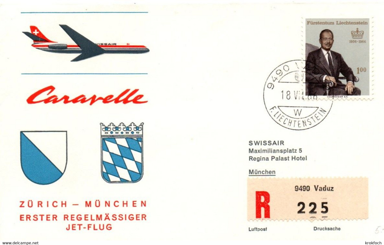 Vaduz Zurich Munchen 1966 - Caravelle Swissair - 1er Vol Erstflug First Flight - Munich - Macchine Per Obliterare (EMA)