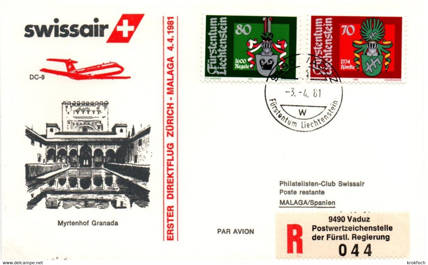 Vaduz Zurich Malaga 1981 - DC-9 Swissair - 1er Vol Erstflug First Flight - - Macchine Per Obliterare (EMA)