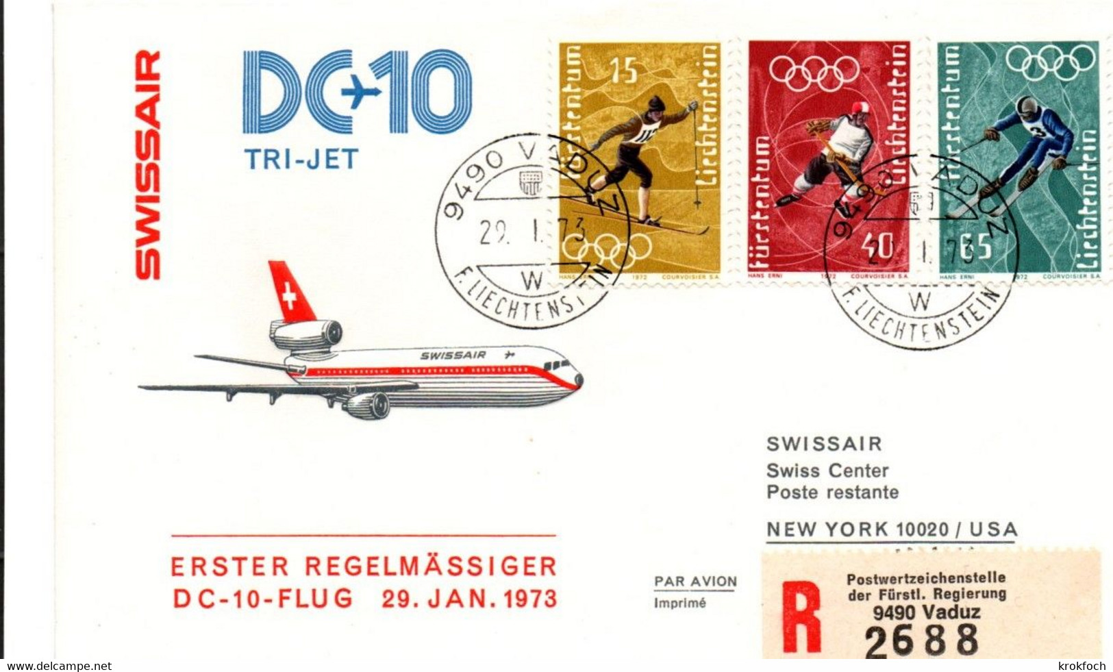 Vaduz Zurich New York 1973 - DC-10 Swissair - 1er Vol Erstflug First Flight - USA - Franking Machines (EMA)