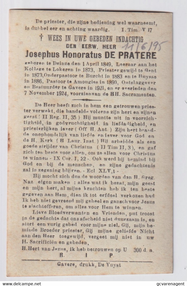 PASTOOR AMONGIES  - JOSEPHUS DE PRATERE  DEINZE 1849  GAVERE 1924 ( FOTOKAARTJE )     2  SCANS - Avvisi Di Necrologio