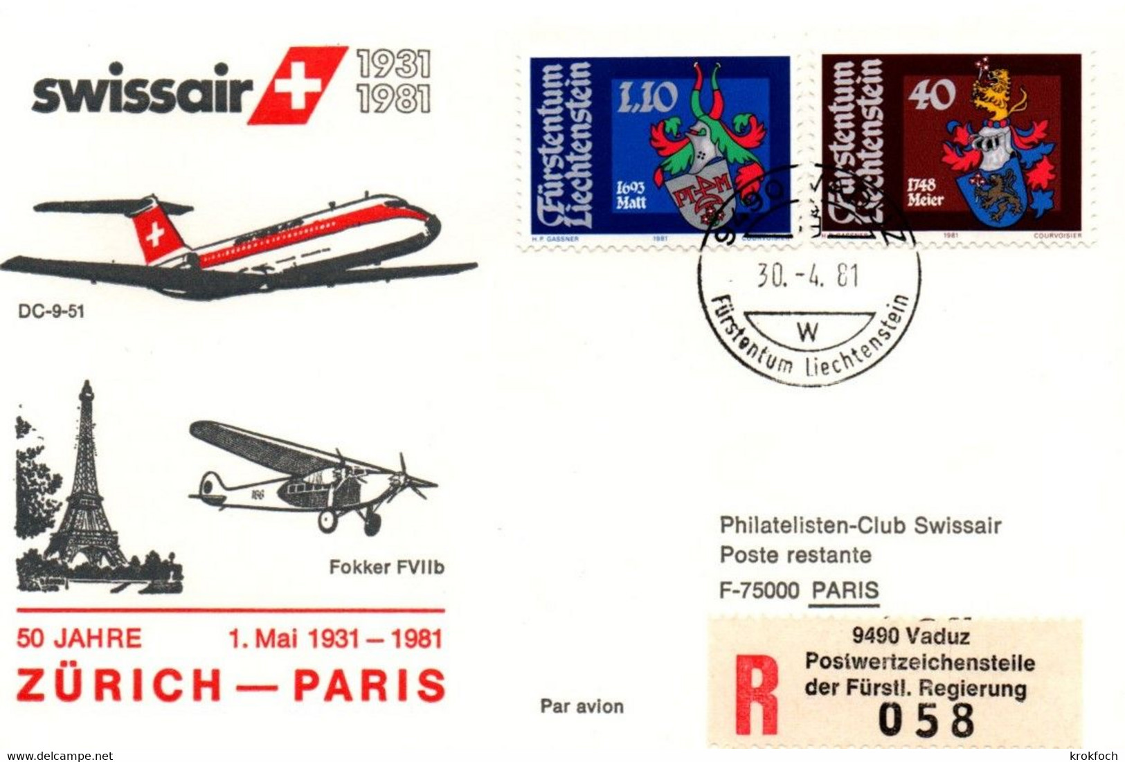 Vaduz Zurich Paris 1981 - DC-9 Swissair - 1er Vol Erstflug First Flight - 50 Jahre - 50ème Anniversaire De La Ligne - Franking Machines (EMA)