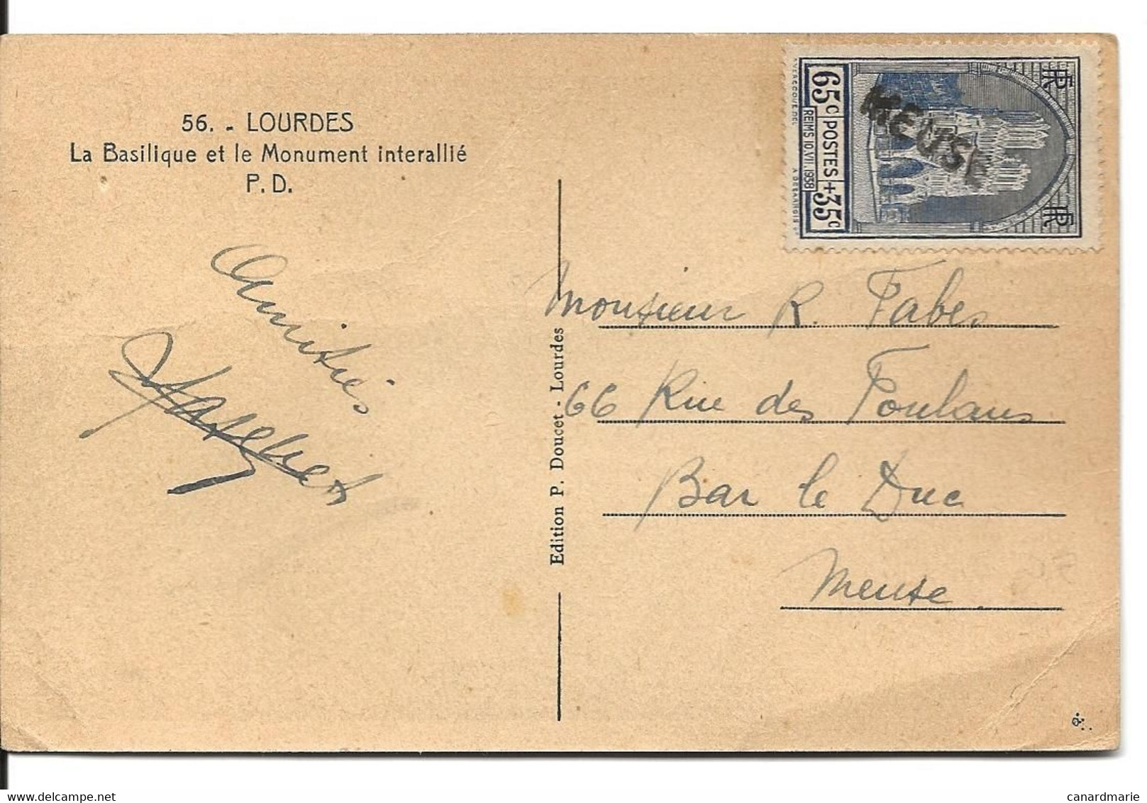 CARTE POSTALE AVEC TIMBRE A SURTAXE 65 + 35 CT CATHEDRALE DE REIMS ET CACHET LINEAIRE MEUSE - 1921-1960: Periodo Moderno