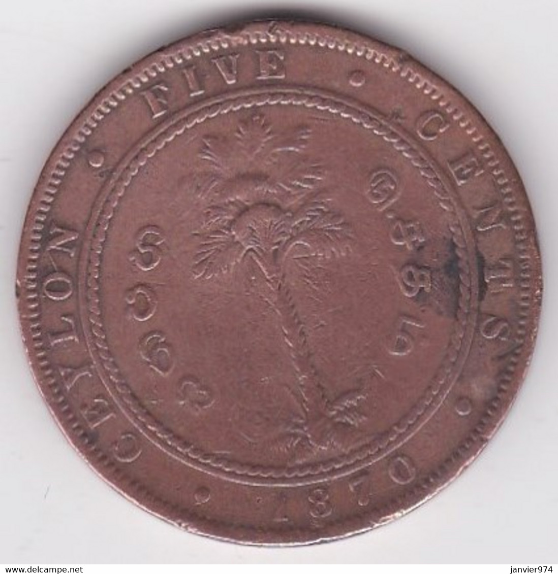 Ceylon. 5 Cents 1870. Victoria. Copper. KM# 93 - Sri Lanka