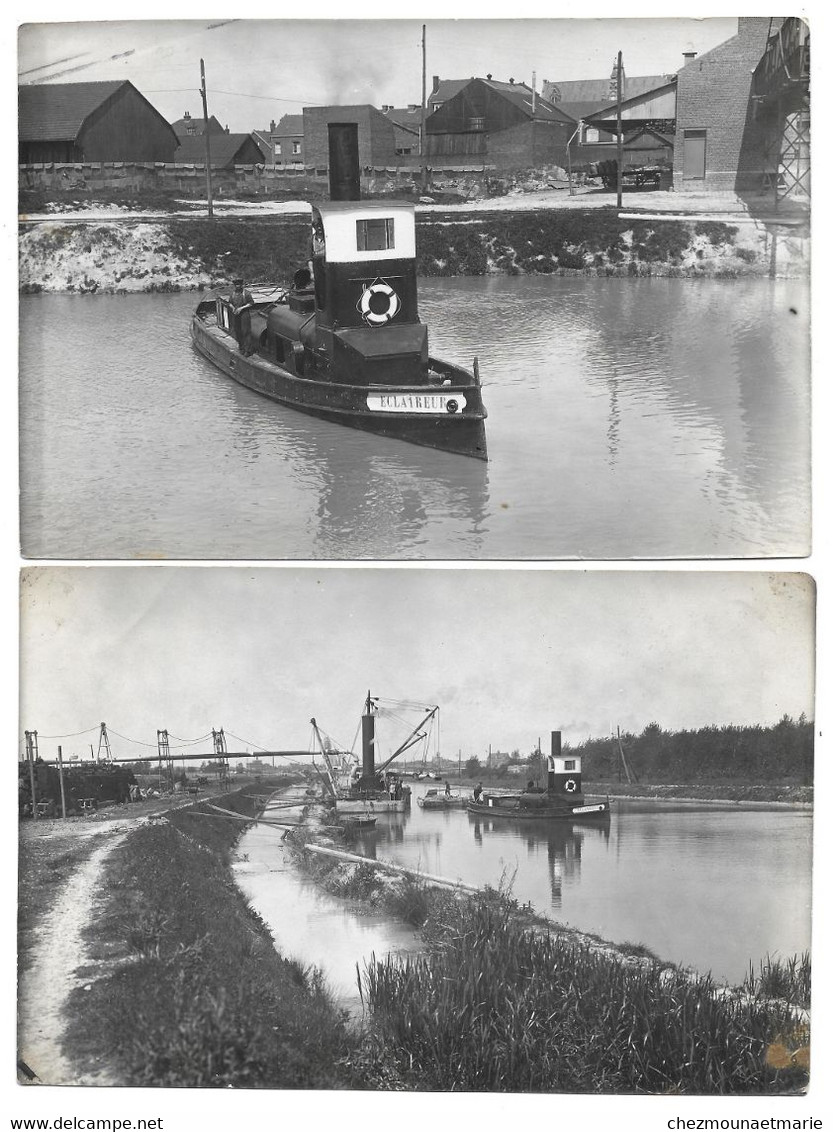 1929 LA BASSEE (NORD?) LA LOISNE? - BATEAU L ECLAIREUR - INSTALLATION DE TUYAUX? DANS LE CANAL - LOT DE 2 PHOTOS 17*11 - Barcos