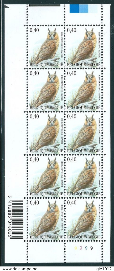 Buzin Nr 3737** Velletje Van 10 Met Plaatnr 9  TRU2 Wit Papier - 1985-.. Birds (Buzin)