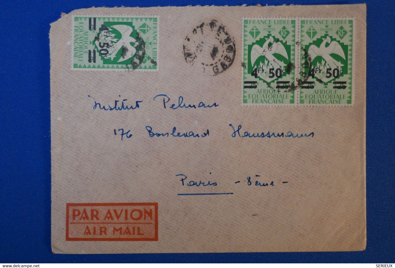 J5 AEF GABON BELLE LETTRE  1943 PAR AVION POUR PARIS FRANCE + PAIRE DE T.P.+ CACHETS INTERESSANT - Storia Postale
