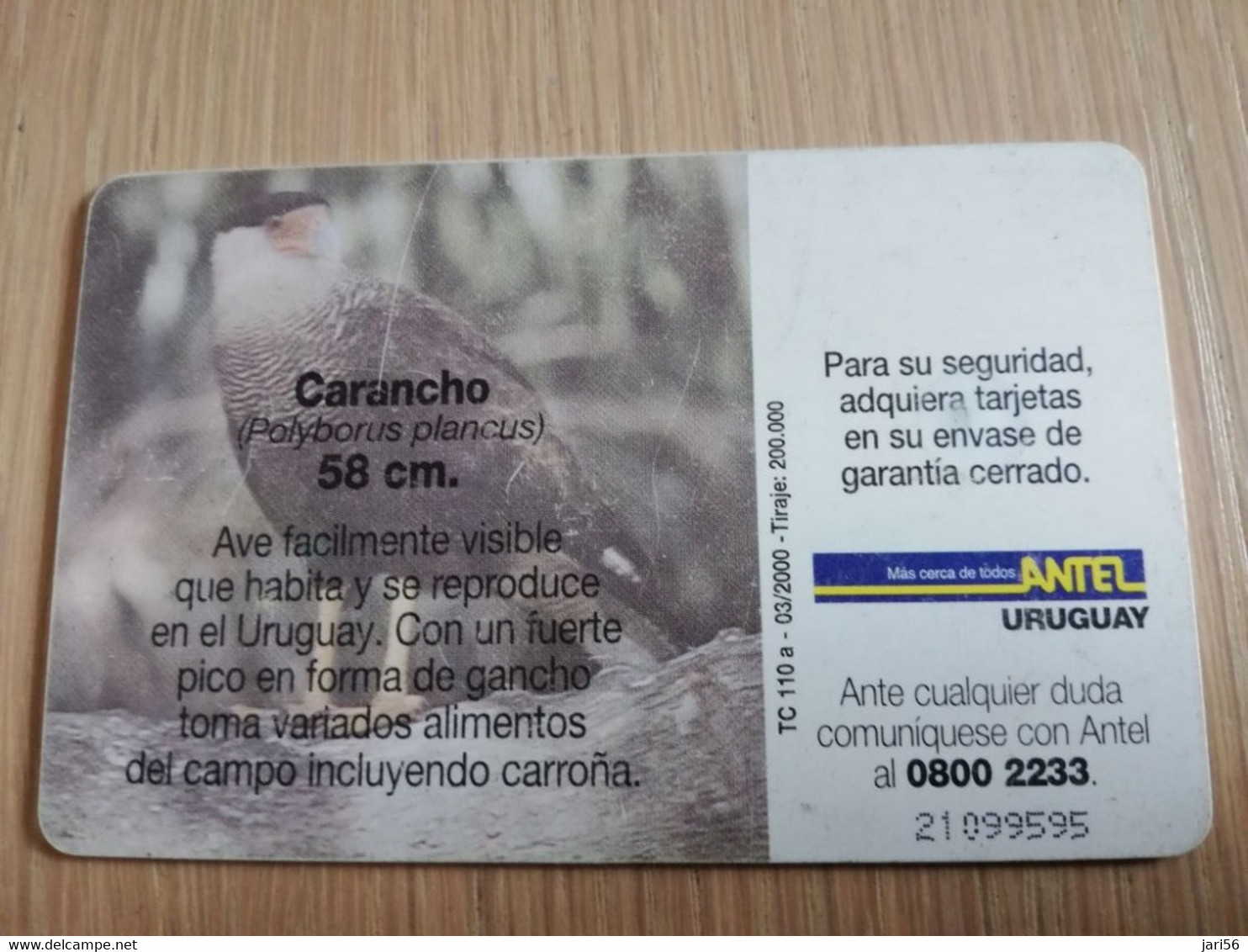 URUGUAY CHIPCARD  BIRD /VOGEL  $5 CARANCHO      Nice Used Card    **4505** - Uruguay