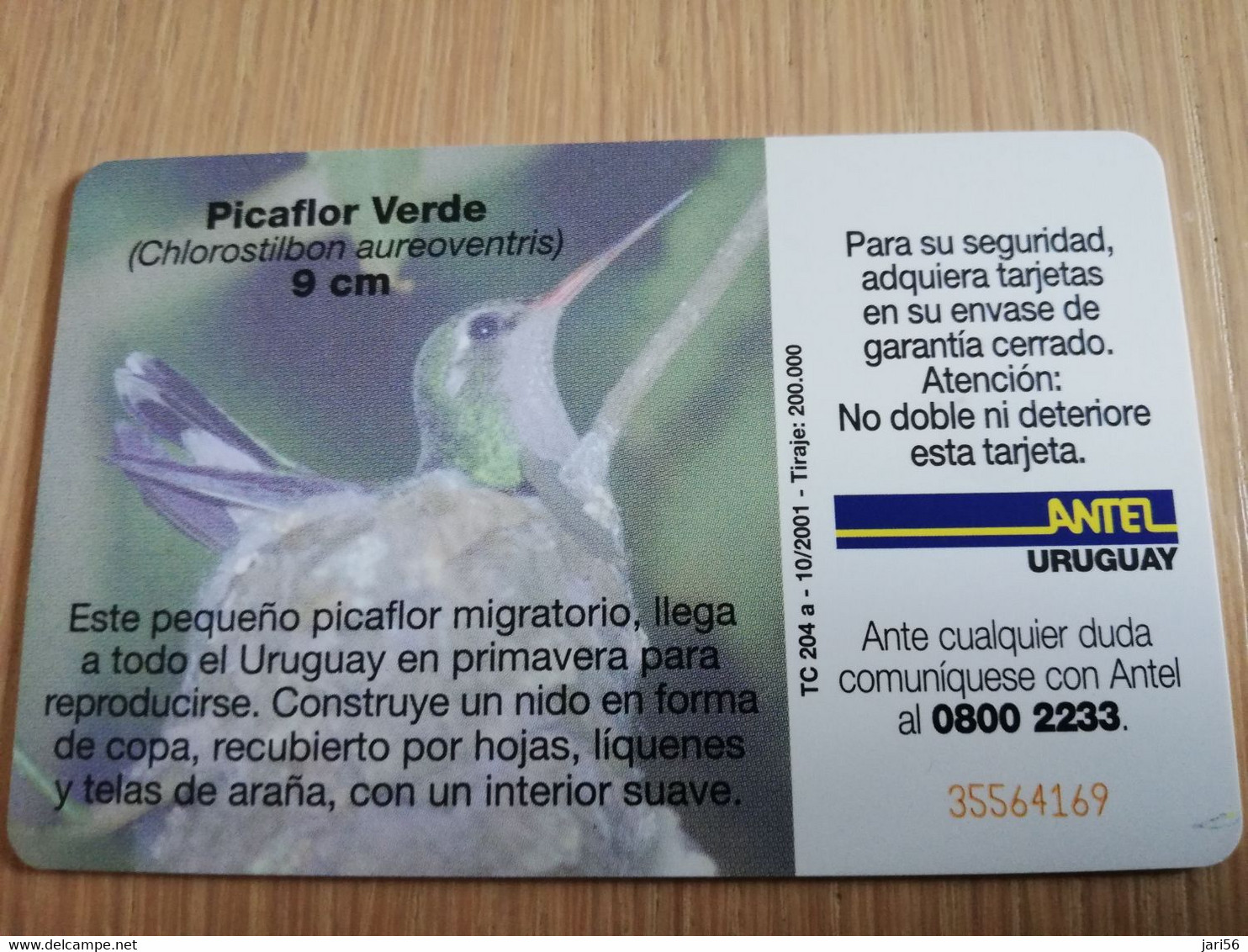 URUGUAY CHIPCARD  BIRD /VOGEL  $10  PICAFLOR VERDE       Nice Used Card    **4507** - Uruguay