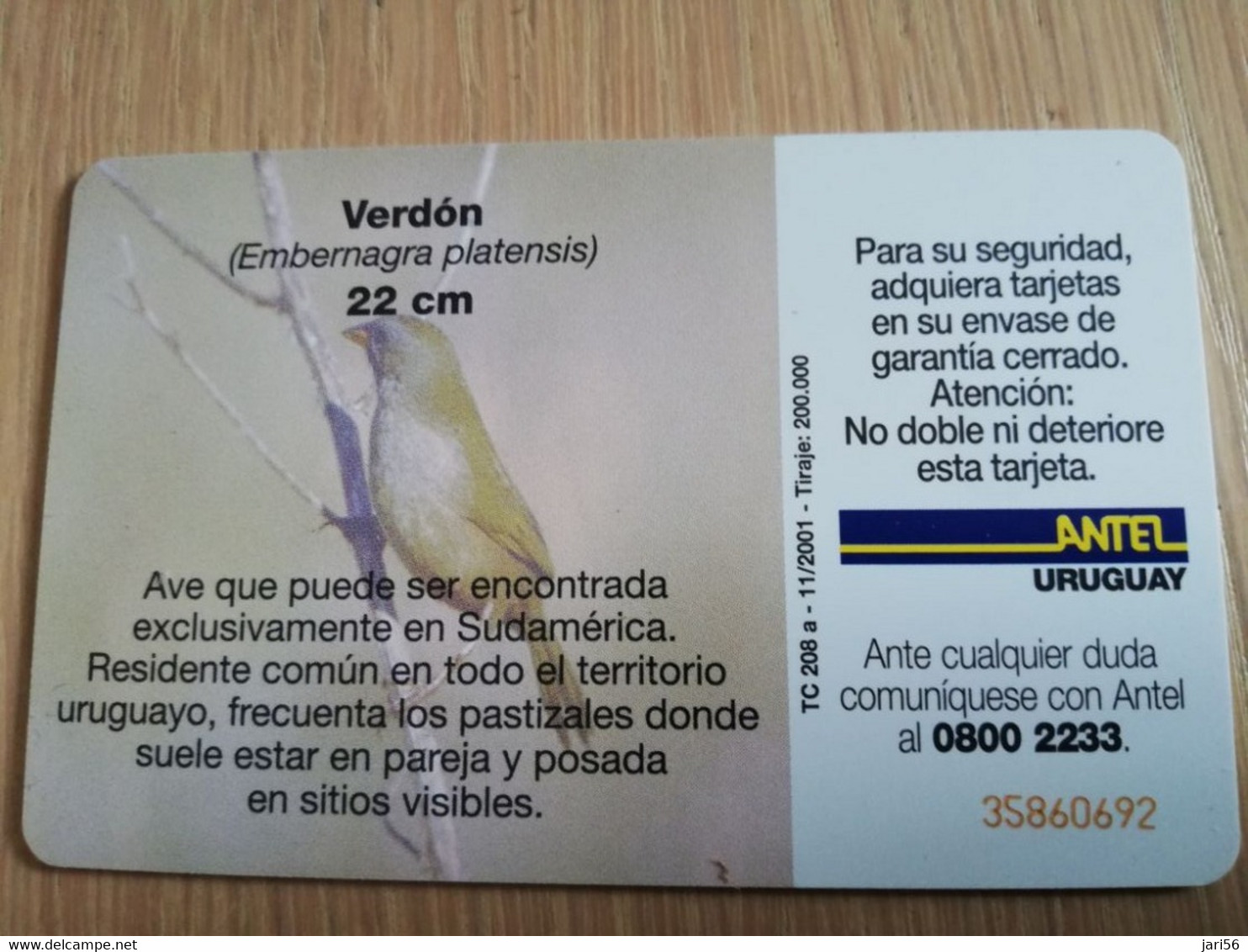 URUGUAY CHIPCARD  BIRD /VOGEL  $10  VERDON       Nice Used Card    **4510** - Uruguay