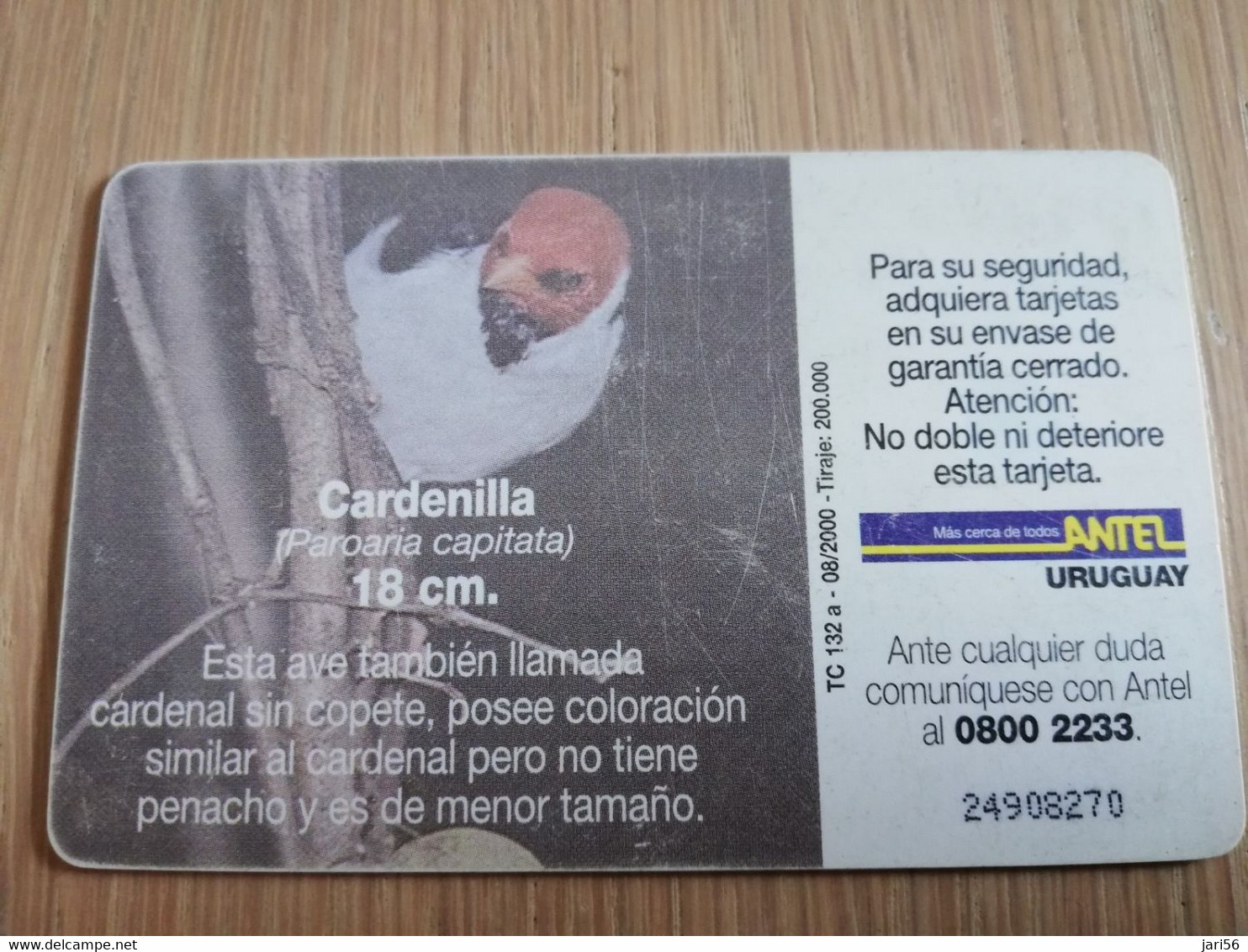 URUGUAY CHIPCARD  BIRD /VOGEL  $25  CARDENILLA          Nice Used Card    **4518** - Uruguay