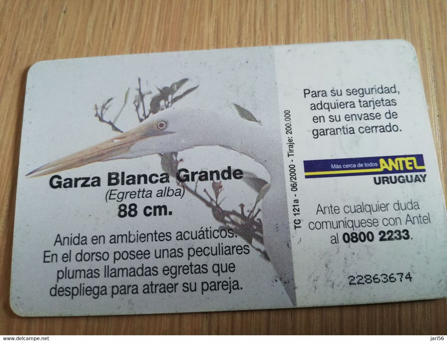 URUGUAY CHIPCARD  BIRD /VOGEL  $25  GARZA BIANCA           Nice Used Card    **4519** - Uruguay