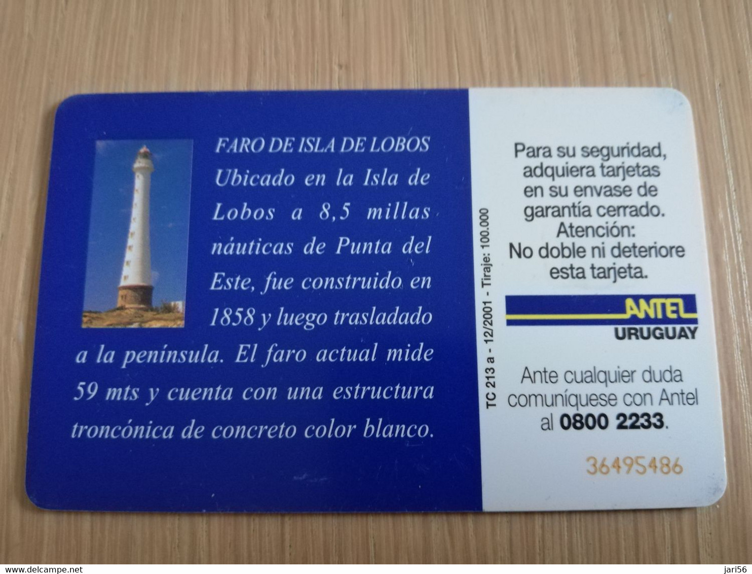 URUGUAY CHIPCARD  LIGHTHOUSE/VUURTOREN    $50 FARO DE ISLA DE LOBOS               Nice Used Card    **4538** - Uruguay