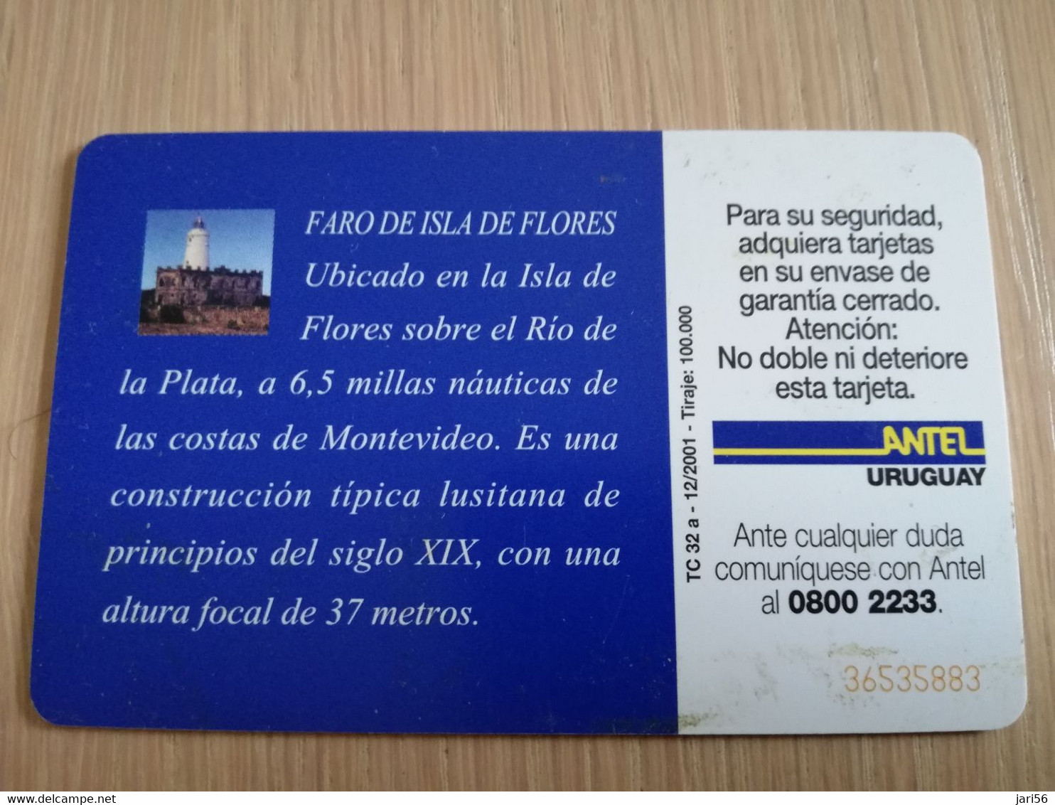 URUGUAY CHIPCARD  LIGHTHOUSE/VUURTOREN    $100 FARO DE ISLA DE  FLORES               Nice Used Card    **4539** - Uruguay