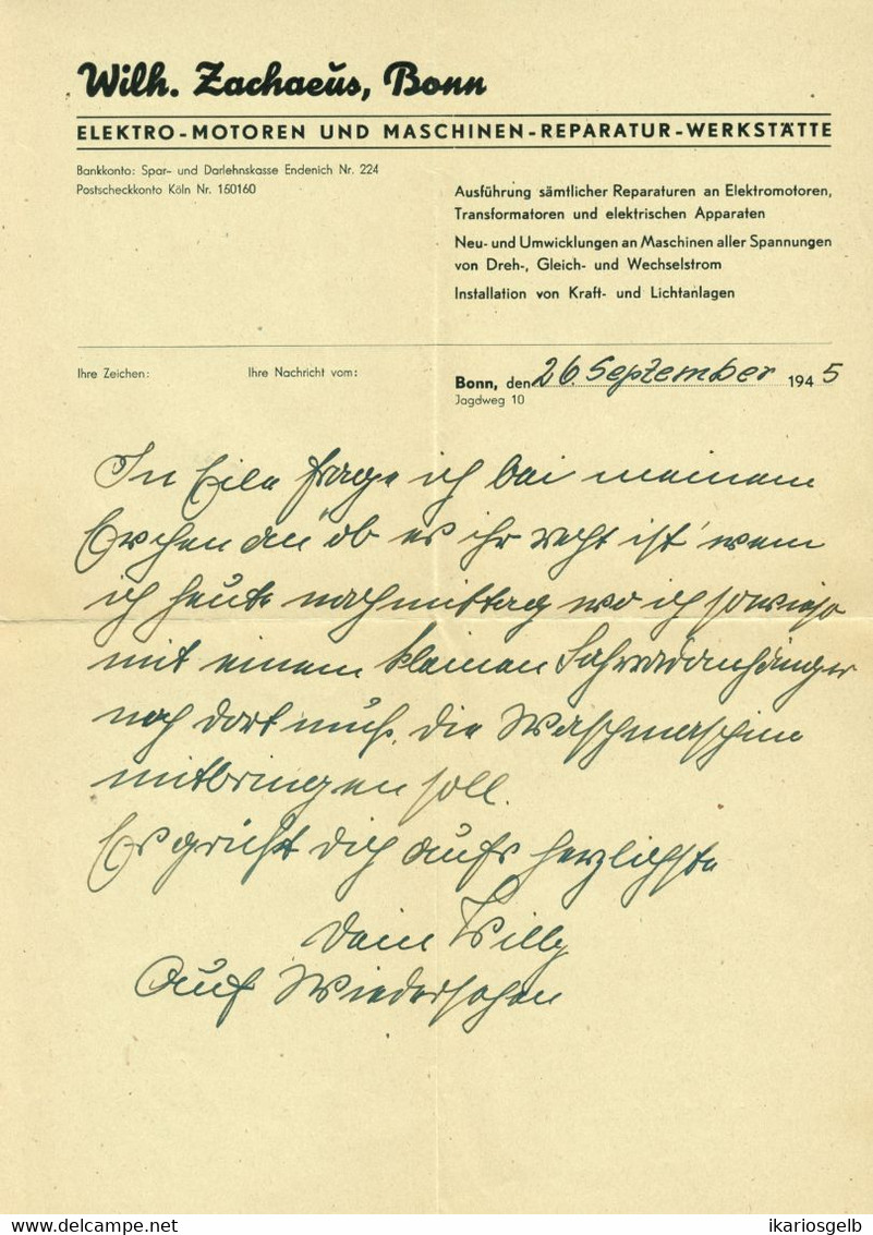 Bonn 1945 Rechnung " Wilh. Zachaeus Elektro-Motoren Reparaturwerkstätte Jagdweg 10 " - Elektrizität & Gas