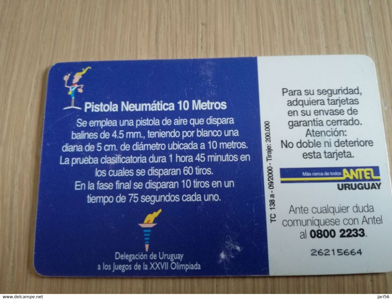 URUGUAY CHIPCARD  SPORTS    $25  LUIS MENDEZ  PISTOLA 10 METROS             Nice Used Card    **4544** - Uruguay