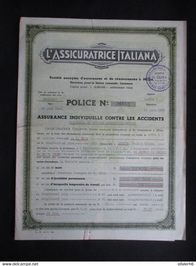 VP ASSURANCE 1928 (V2030) L'ASSICURATRICE ITALIANA (3 Vues) GENèVE 29/06/1958 - Bank & Insurance