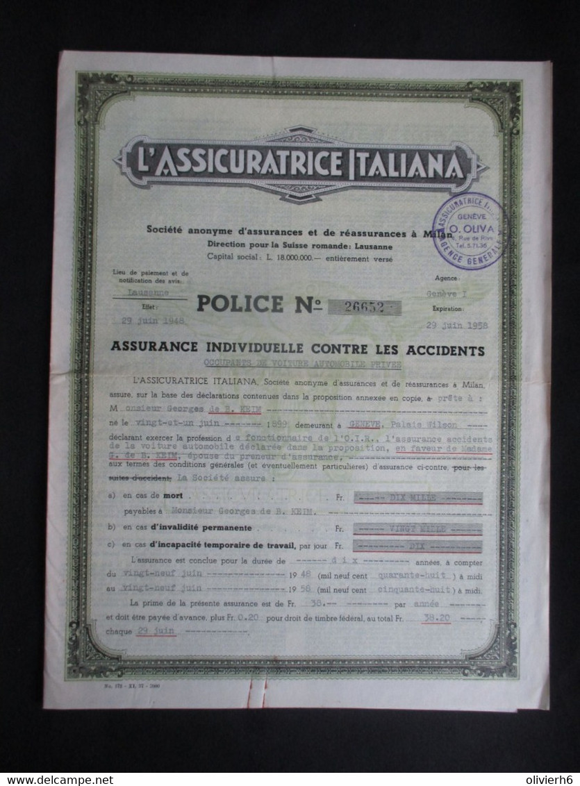 VP ASSURANCE 1928 (V2030) L'ASSICURATRICE ITALIANA (3 Vues) GENèVE 29/06/1958 - Banque & Assurance