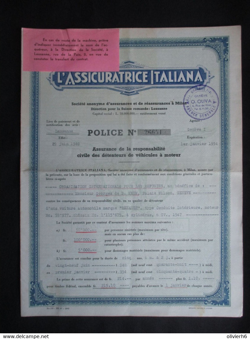 VP ASSURANCE 1954 (V2030) L'ASSICURATRICE ITALIANA (3 Vues) GENèVE 01/01/1954 - Banca & Assicurazione