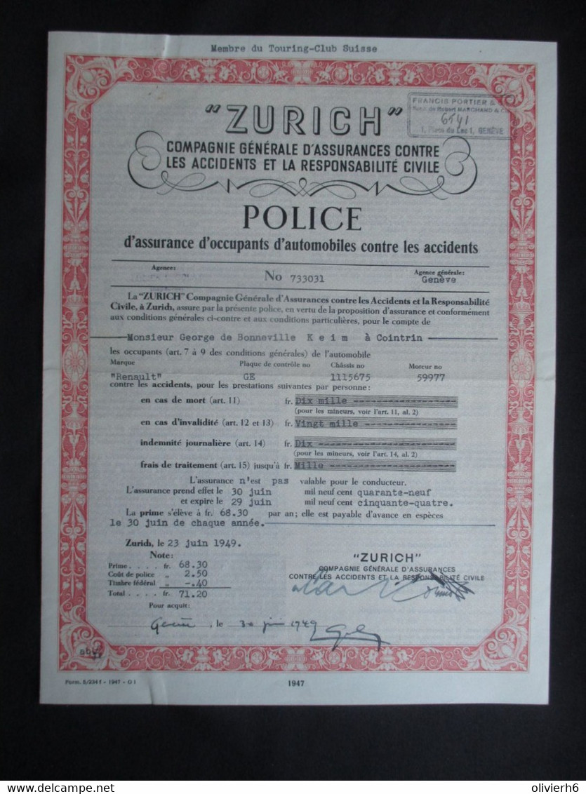 VP ASSURANCE 1949 (V2030) ASSURANCE ZURICH (3 Vues) ZURICH 23/06/1949 - Banque & Assurance