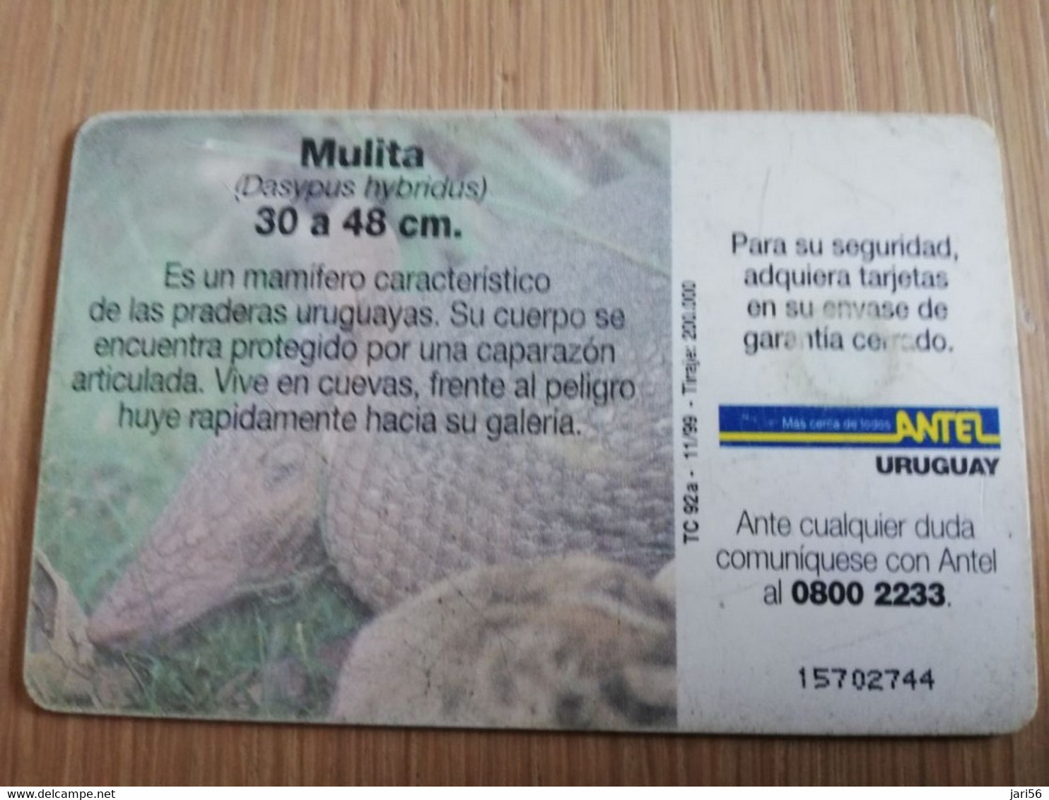 URUGUAY CHIPCARD  ANIMAL    $5  MULITA          Nice Used Card    **4550** - Uruguay