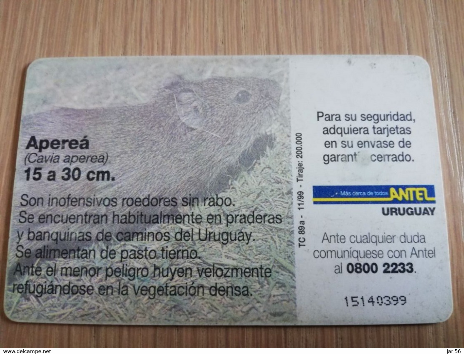 URUGUAY CHIPCARD  ANIMAL    $5  APEREA          Nice Used Card    **4552** - Uruguay