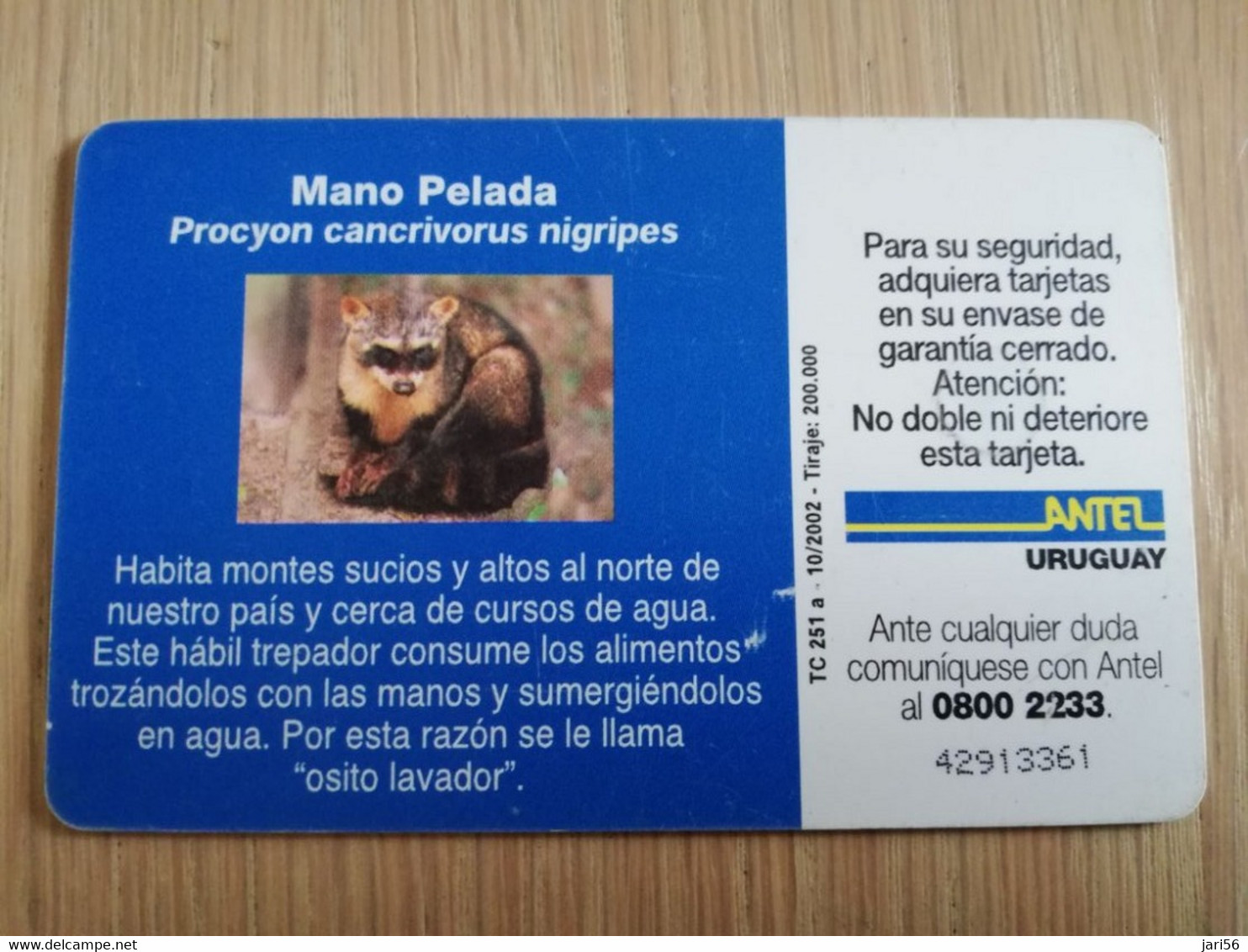 URUGUAY CHIPCARD  ANIMAL    $25   MANO PELADA           Nice Used Card    **4554** - Uruguay