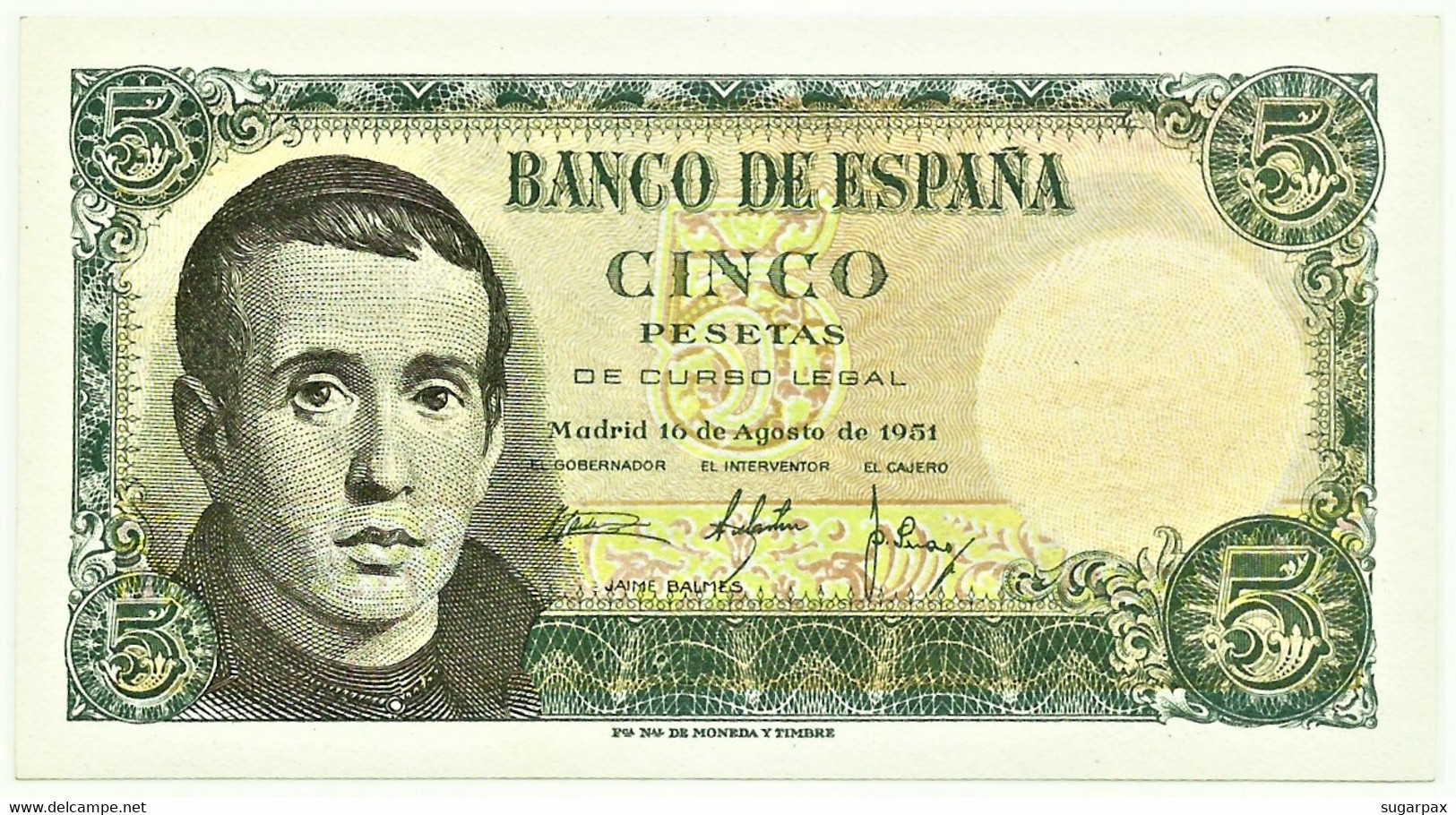 ESPAÑA - 5 Pesetas - 10.08.1951 - Pick 140 - AUnc. - Serie F - Jaime Balmes - 5 Peseten