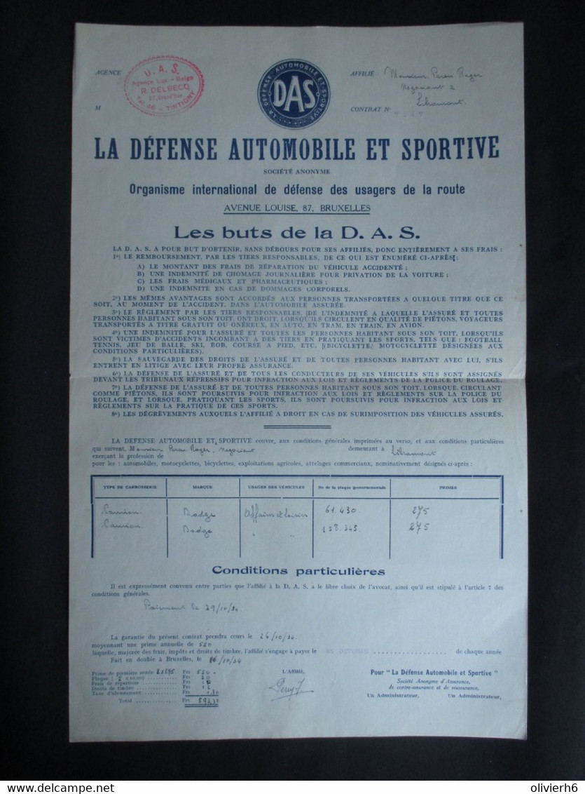 VP ASSURANCE 26/10/1934 (V2030) ASSURANCE DAS (2 Vues) La Défense Automobile Et Sportive - Bank & Versicherung