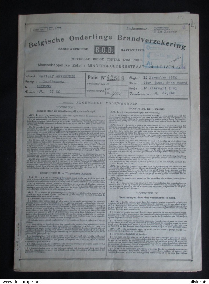 VP ASSURANCE 15/11/1920 (V2030) BOB Mutuelle Belge Contre L'Iincendie (2 Vues) Belgische Onderlinge Brandverzekering - Banque & Assurance